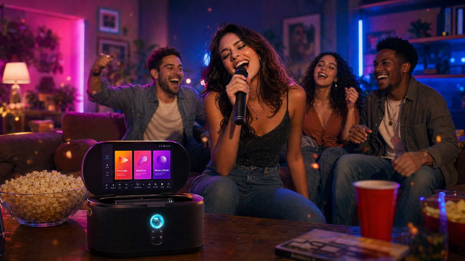 Friends singing karaoke at a house party with Yipp! on the table
